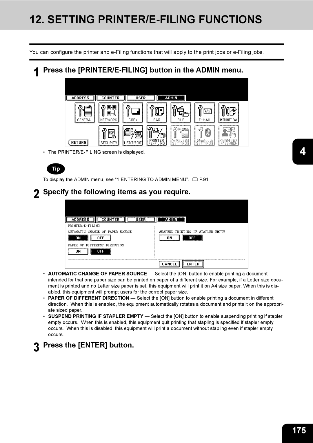 Toshiba 723, 520, 600, 603 manual Setting PRINTER/E-FILING Functions, 175, Press the PRINTER/E-FILING button in the Admin menu 