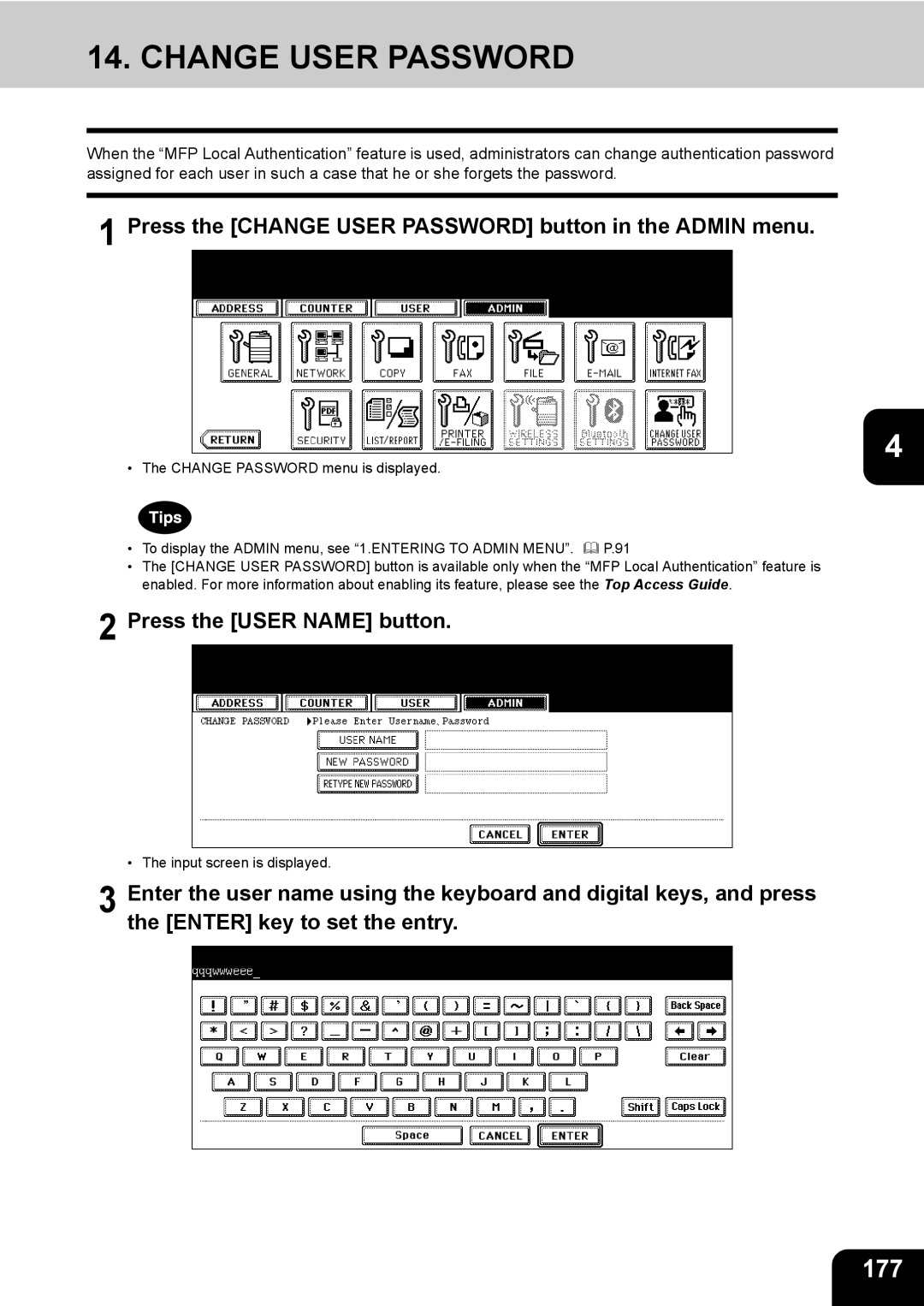 Toshiba 603, 520, 723, 600 manual 177, Press the Change User Password button in the Admin menu, Press the User Name button 