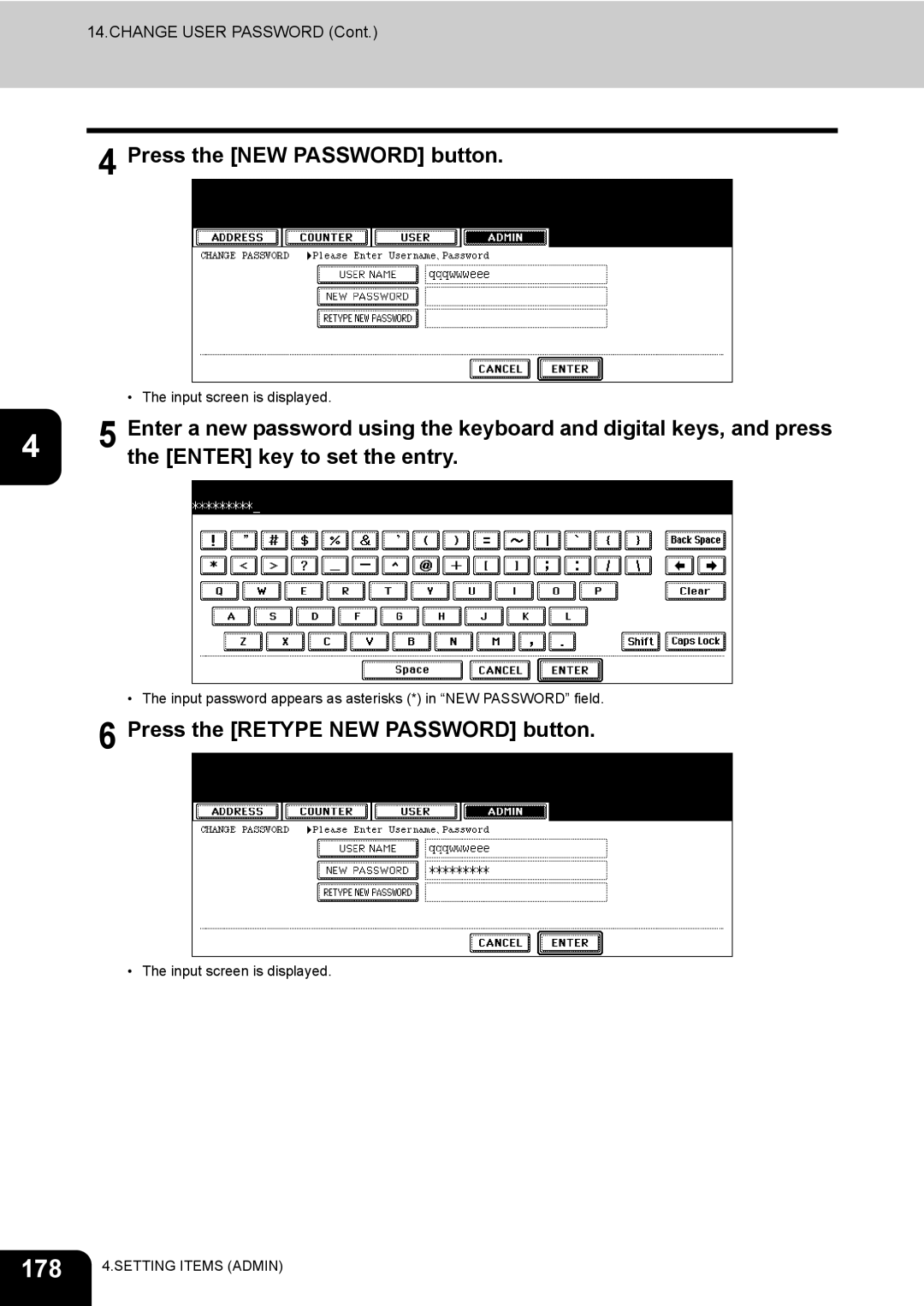 Toshiba 520, 723, 600, 603 manual 178, Enter key to set the entry 