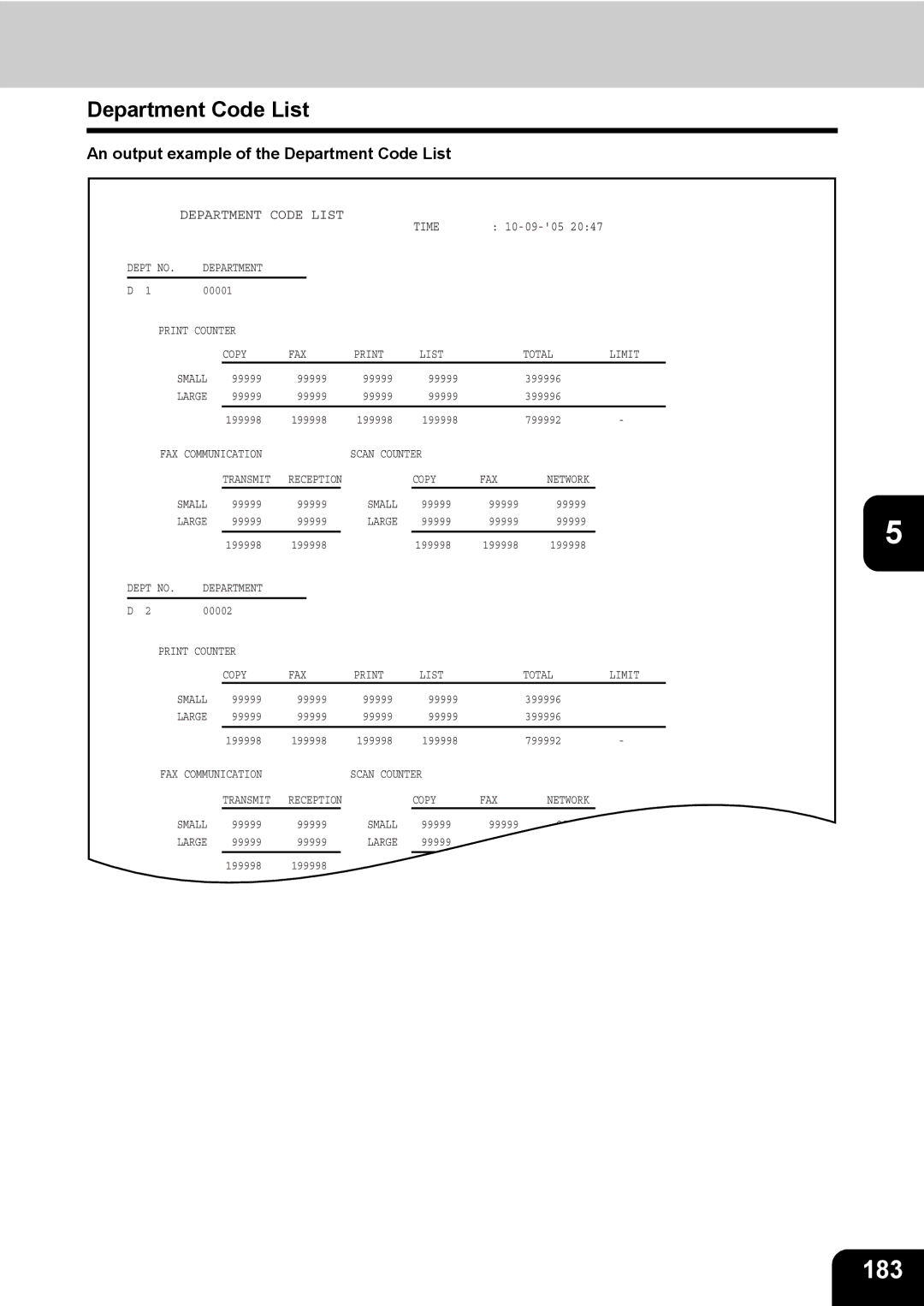 Toshiba 723, 520, 600, 603 manual 183, An output example of the Department Code List 