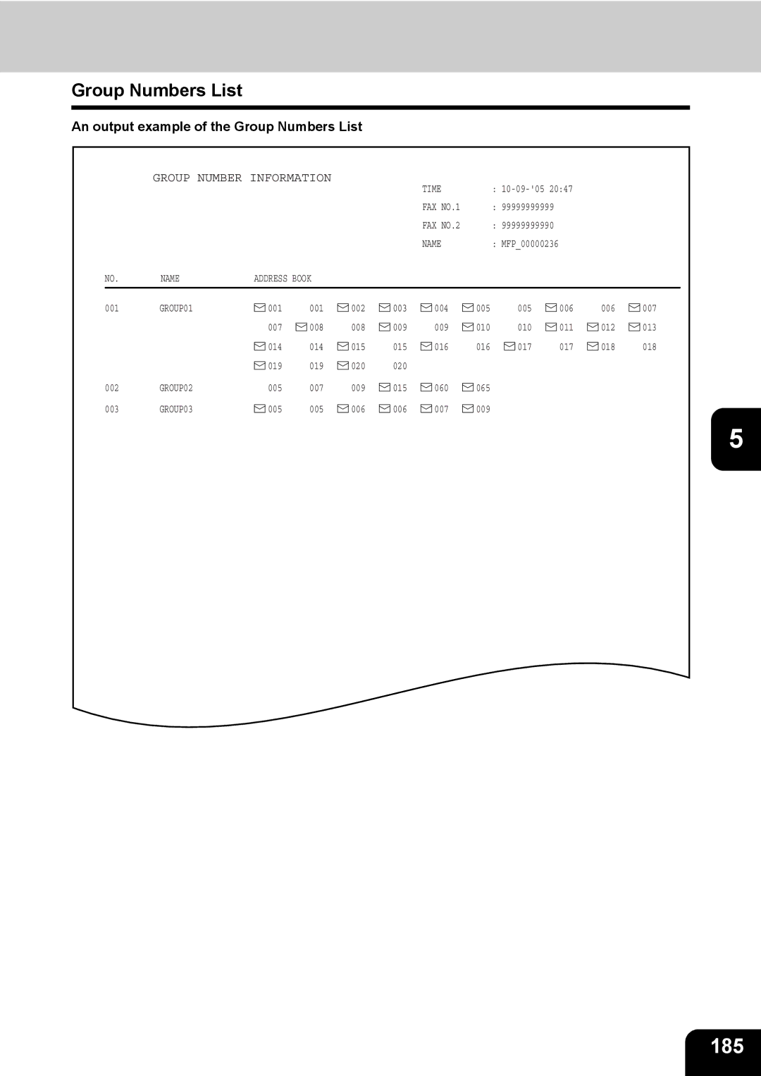 Toshiba 603, 520, 723, 600 manual 185, An output example of the Group Numbers List 