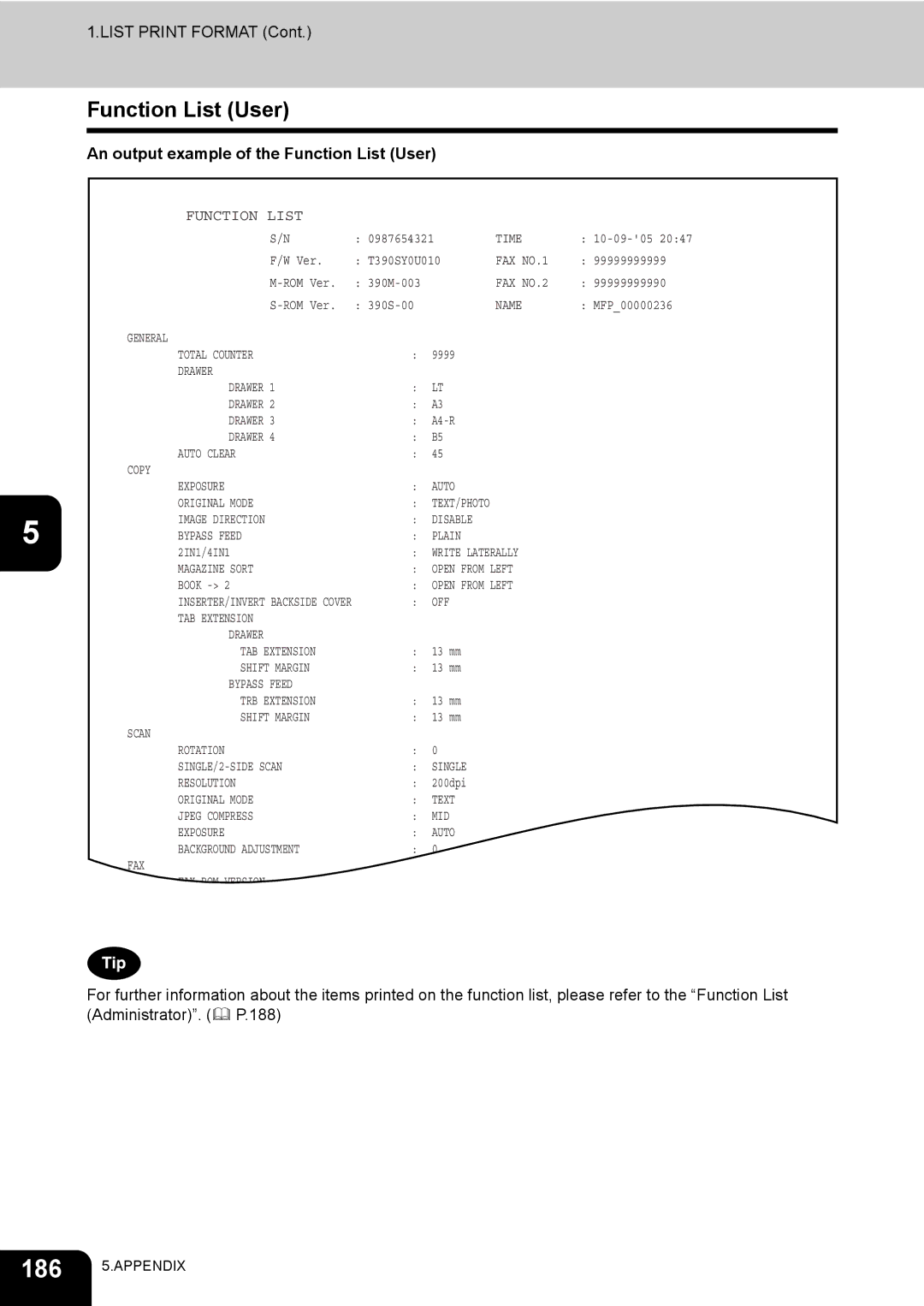 Toshiba 520, 723, 600, 603 manual An output example of the Function List User 