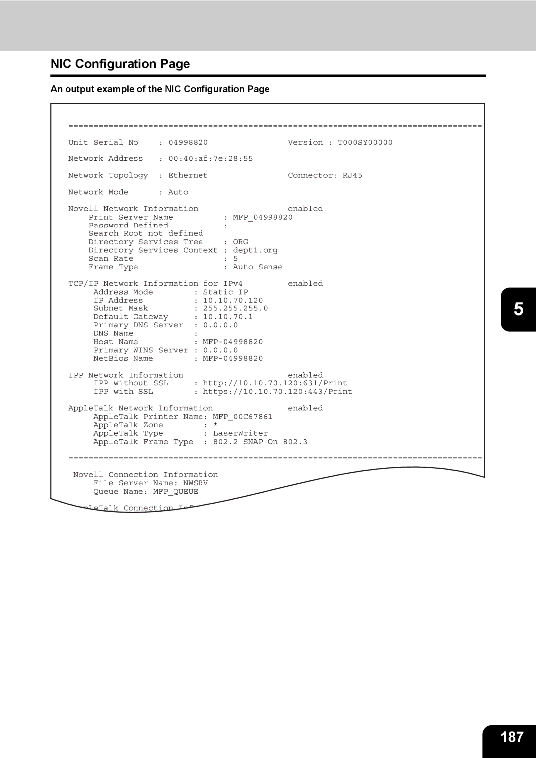 Toshiba 723, 520, 600, 603 manual 187, An output example of the NIC Configuration 