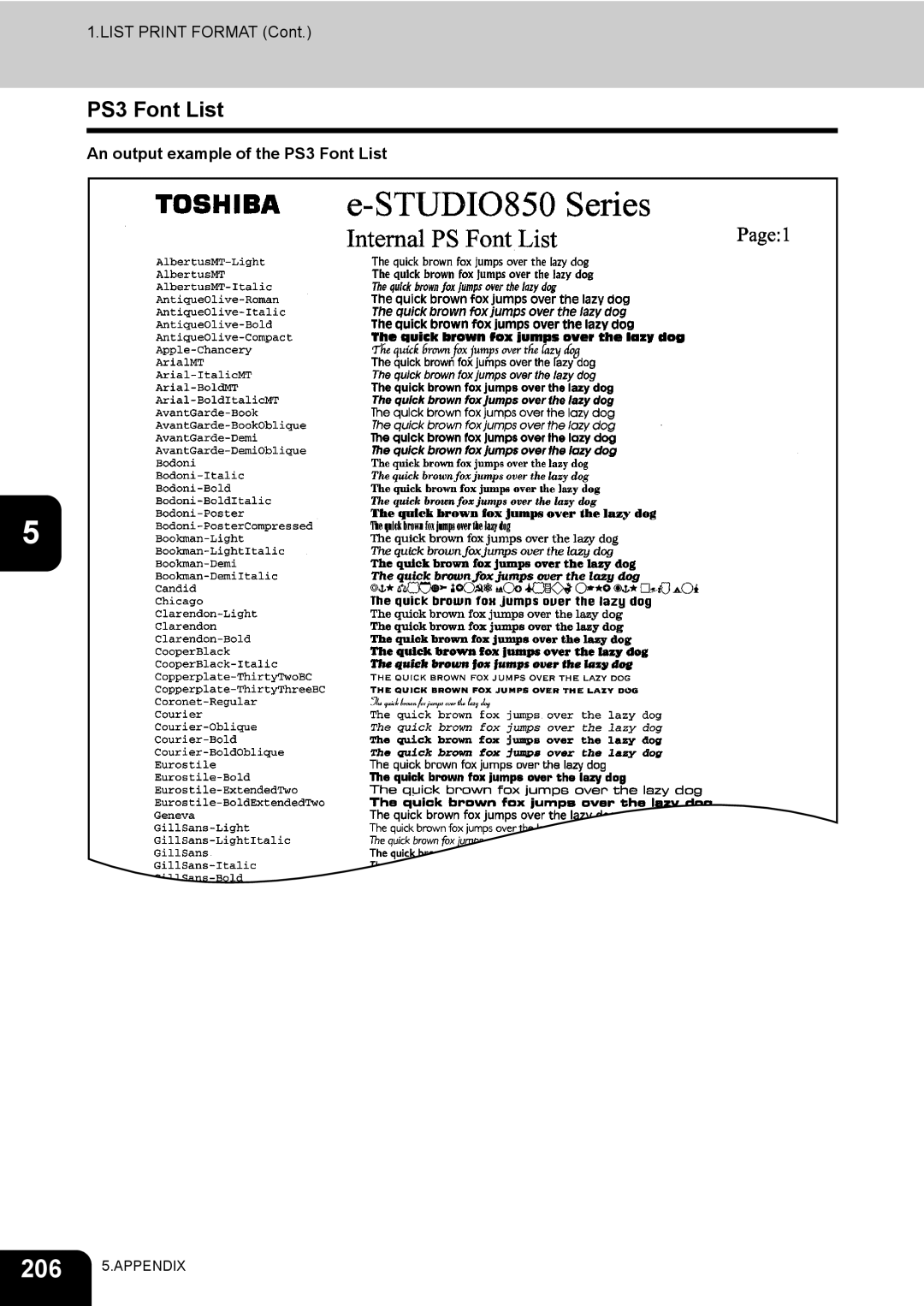 Toshiba 520, 723, 600, 603 manual An output example of the PS3 Font List 