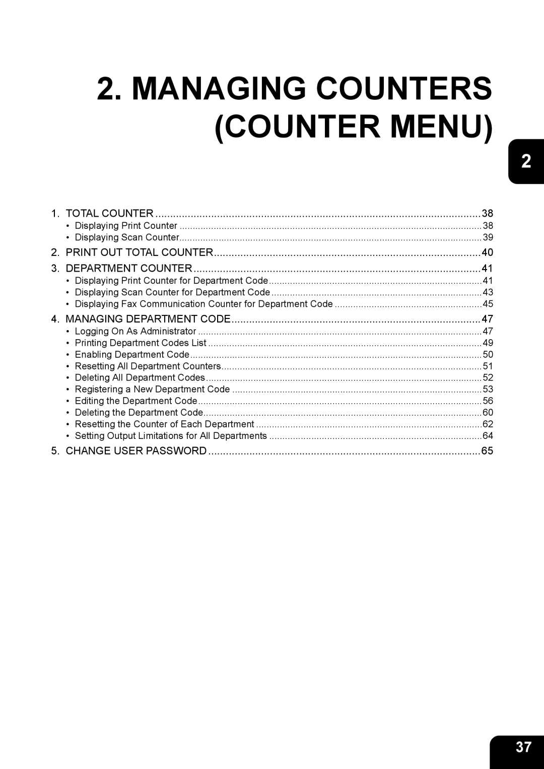 Toshiba 603, 520, 723, 600 manual Managing Counters Counter Menu 