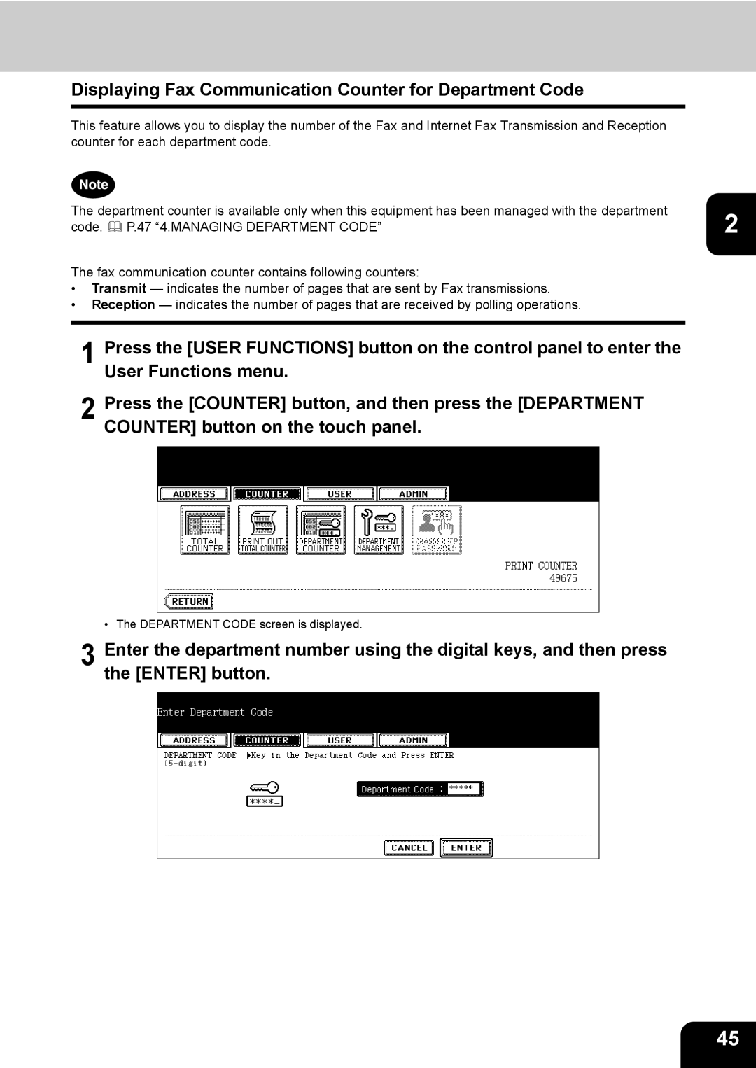 Toshiba 603, 520, 723, 600 manual Displaying Fax Communication Counter for Department Code 