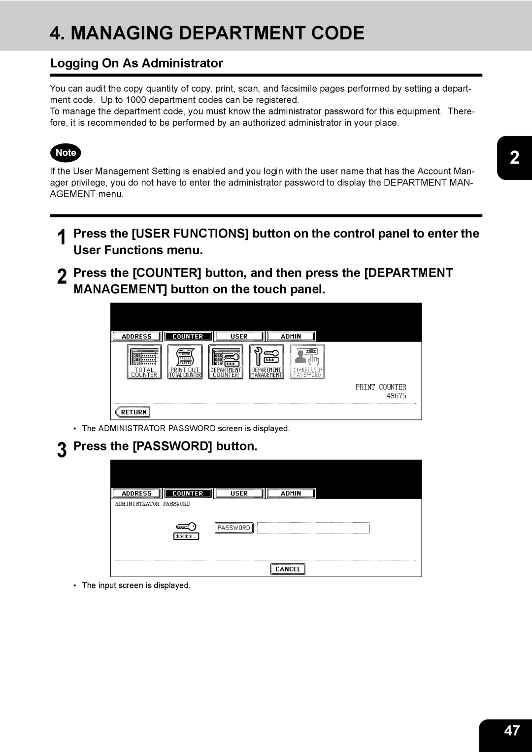 Toshiba 723, 520, 600, 603 manual Managing Department Code, Logging On As Administrator, Press the Password button 