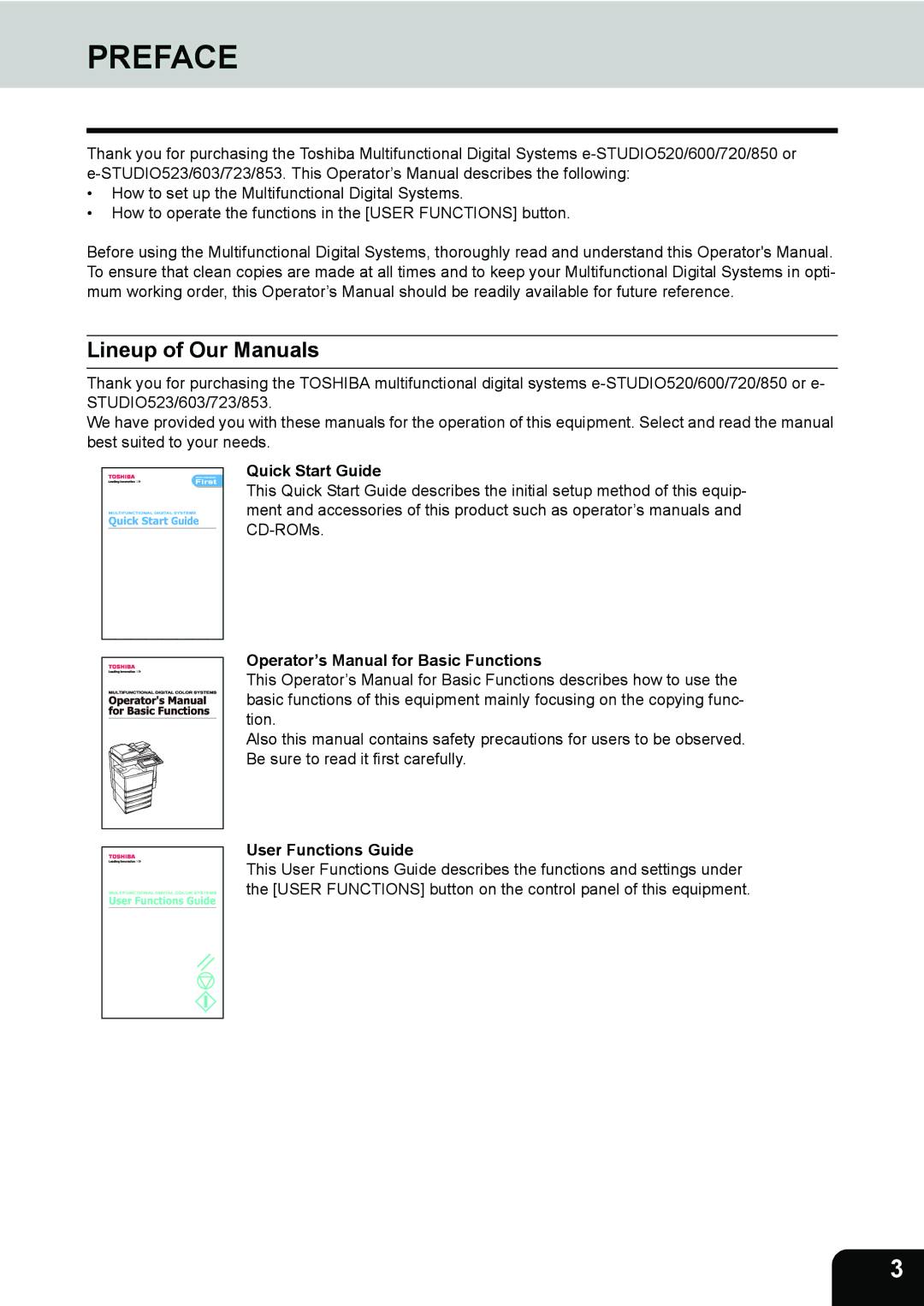 Toshiba 723 Preface, Lineup of Our Manuals, Quick Start Guide, Operator’s Manual for Basic Functions, User Functions Guide 