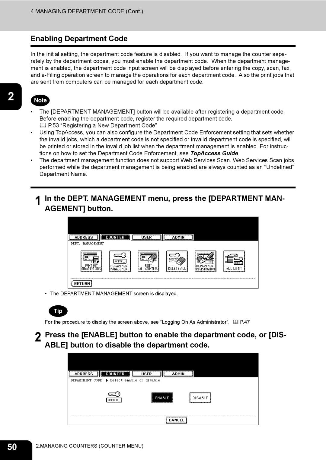 Toshiba 520, 723, 600, 603 manual Enabling Department Code 