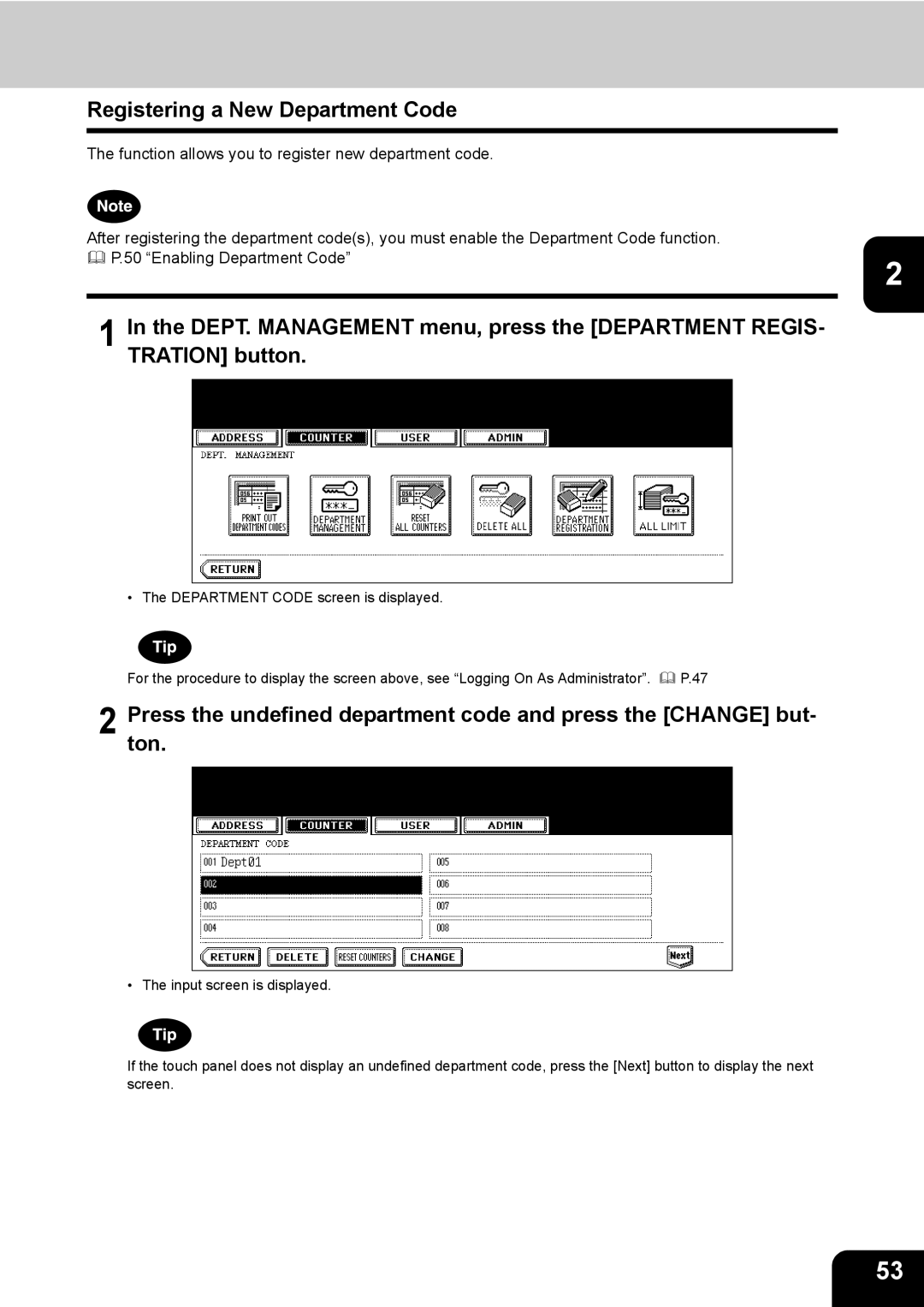 Toshiba 603, 520, 723, 600 manual Registering a New Department Code 