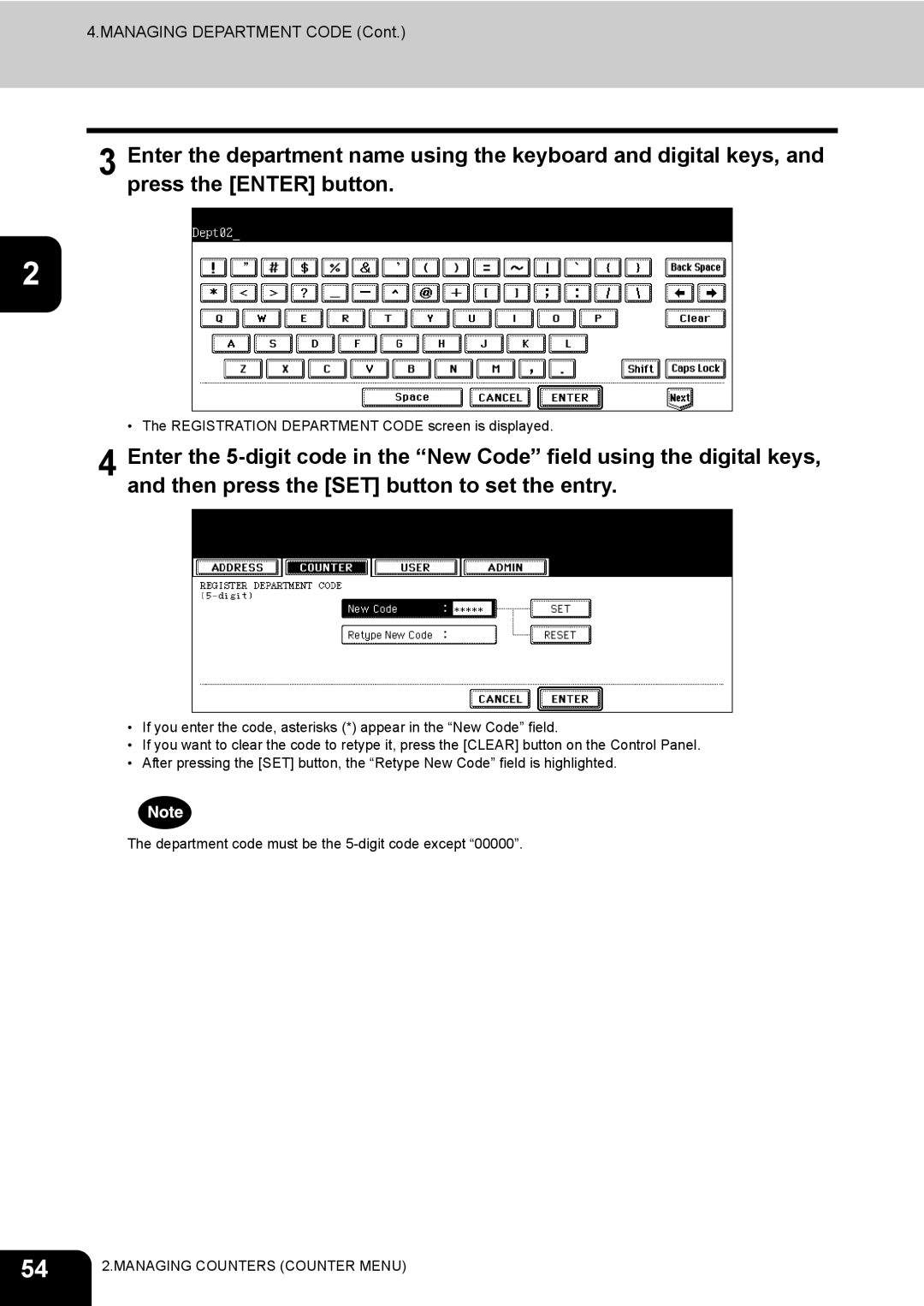 Toshiba 520, 723, 600, 603 manual Registration Department Code screen is displayed 