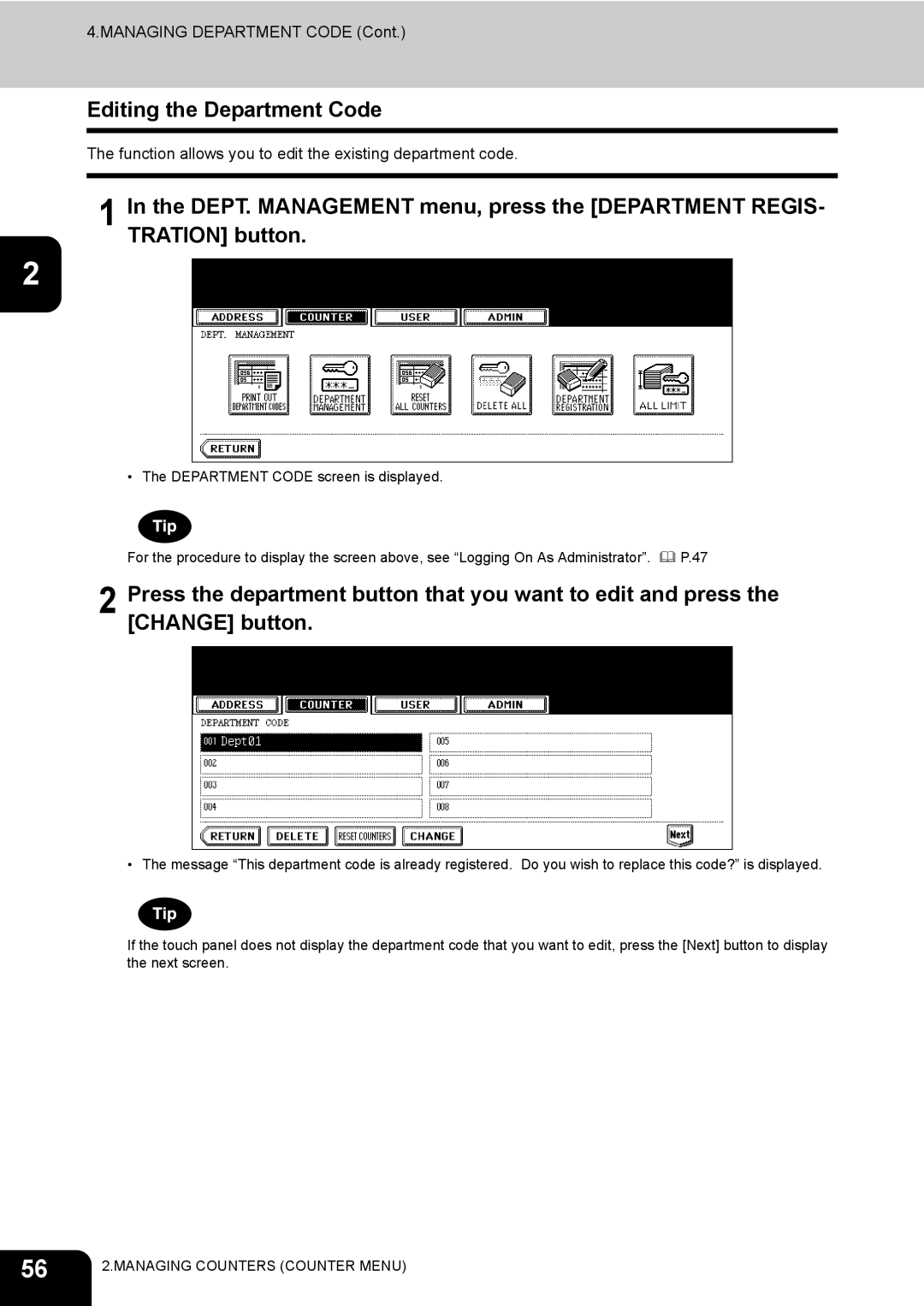 Toshiba 600, 520, 723, 603 manual Editing the Department Code 