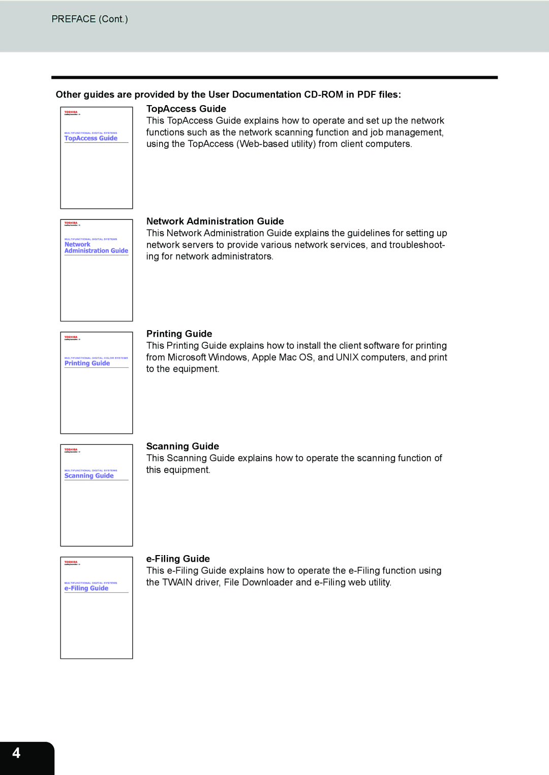 Toshiba 600, 520, 723, 603 manual Network Administration Guide, Printing Guide, Scanning Guide, Filing Guide 