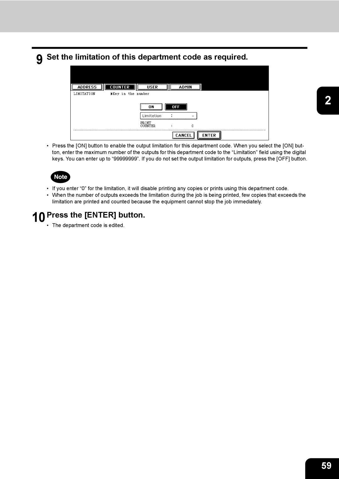 Toshiba 723, 520, 600, 603 manual Set the limitation of this department code as required, 10Press the Enter button 