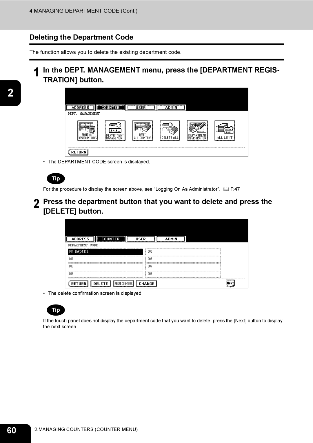 Toshiba 600, 520, 723, 603 manual Deleting the Department Code 