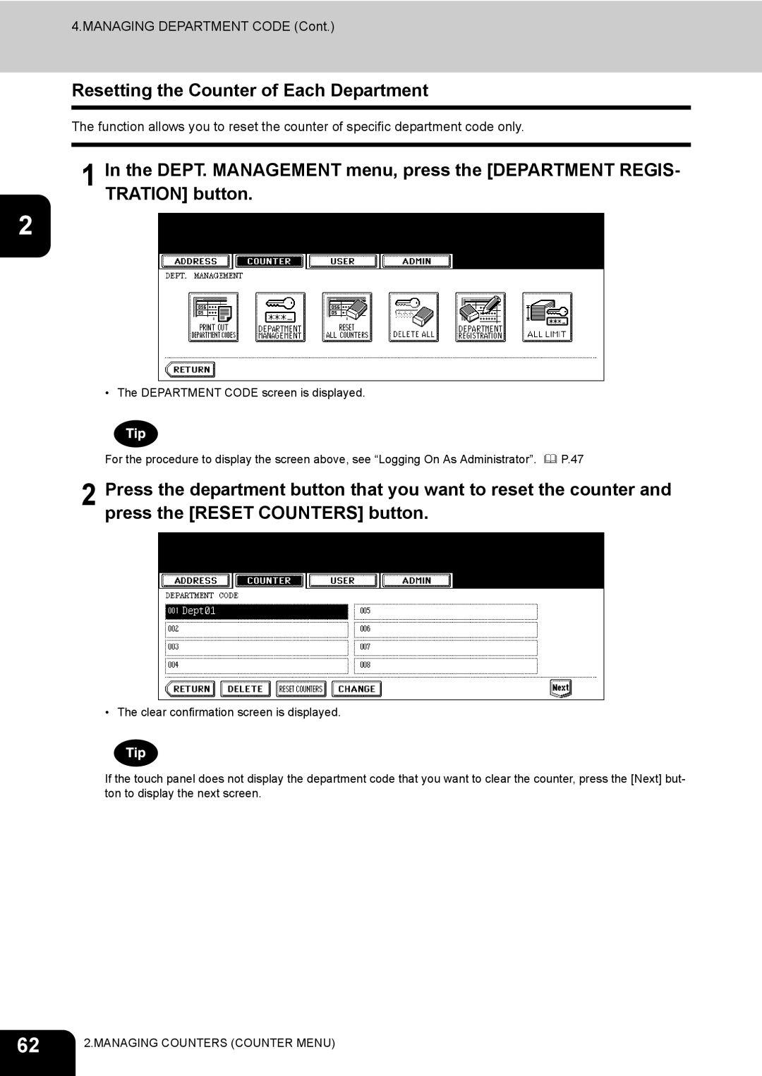 Toshiba 520, 723, 600, 603 manual Resetting the Counter of Each Department 