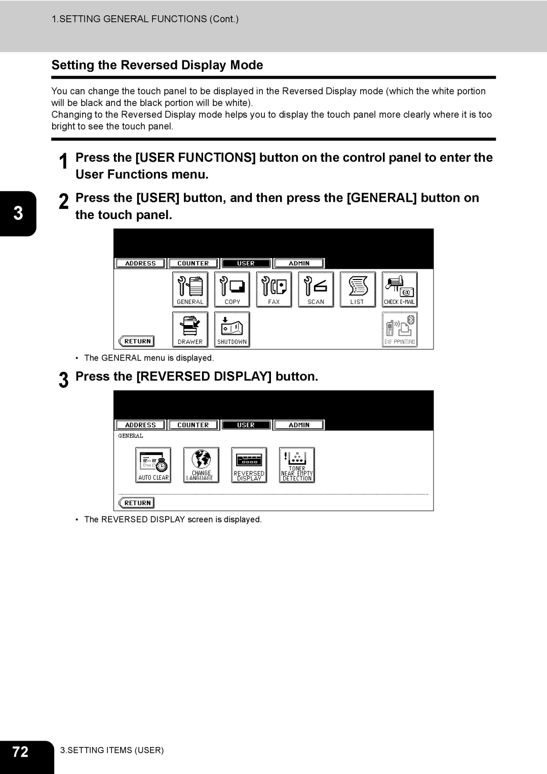 Toshiba 600, 520, 723, 603 manual Setting the Reversed Display Mode, Press the Reversed Display button 