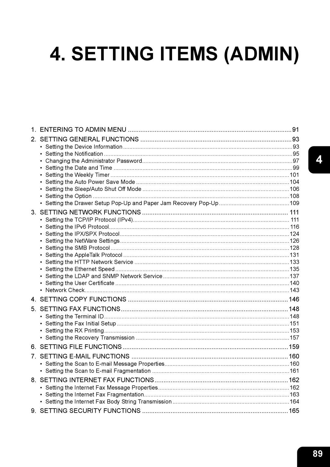 Toshiba 603, 520, 723, 600 manual Setting Items Admin 