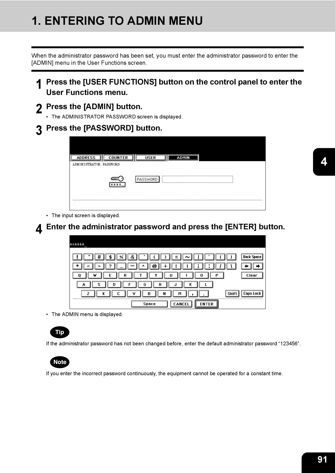 Toshiba 723, 520, 600, 603 manual Entering to Admin Menu, Enter the administrator password and press the Enter button 