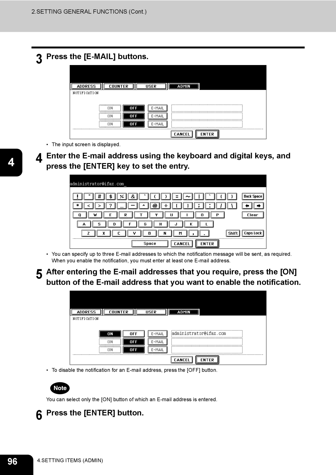 Toshiba 600, 520, 723, 603 manual Press the E-MAIL buttons, Press the Enter key to set the entry 