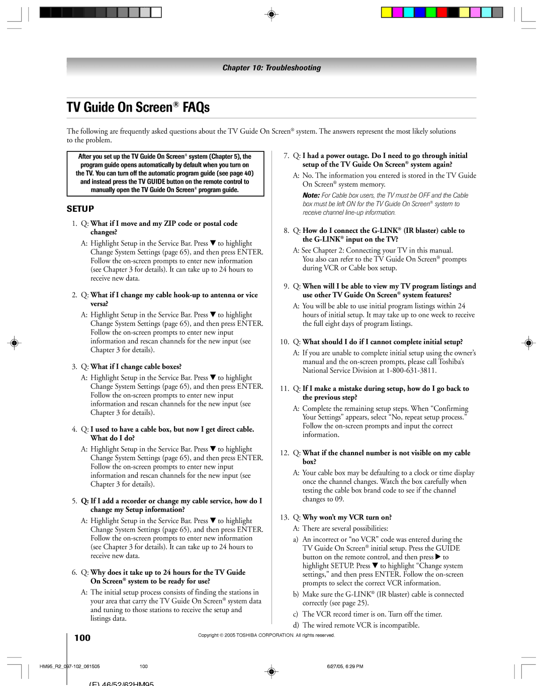 Toshiba 52HM95, 62HM95 owner manual TV Guide On Screen FAQs, 100 