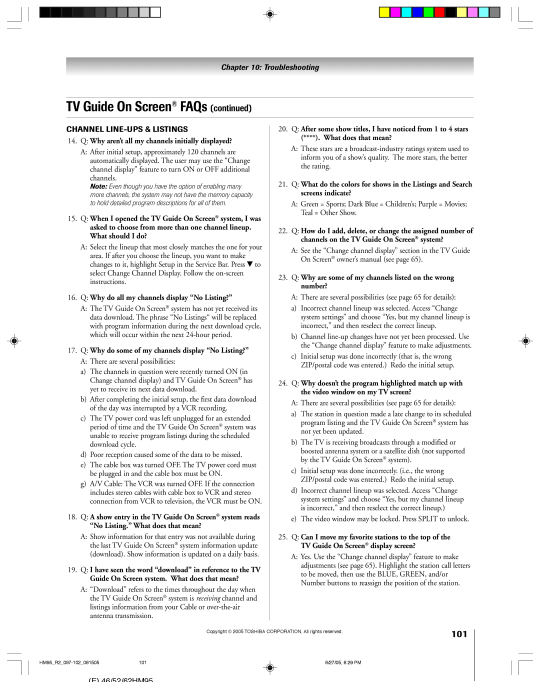 Toshiba 62HM95, 52HM95 owner manual 101, Why aren’t all my channels initially displayed? 