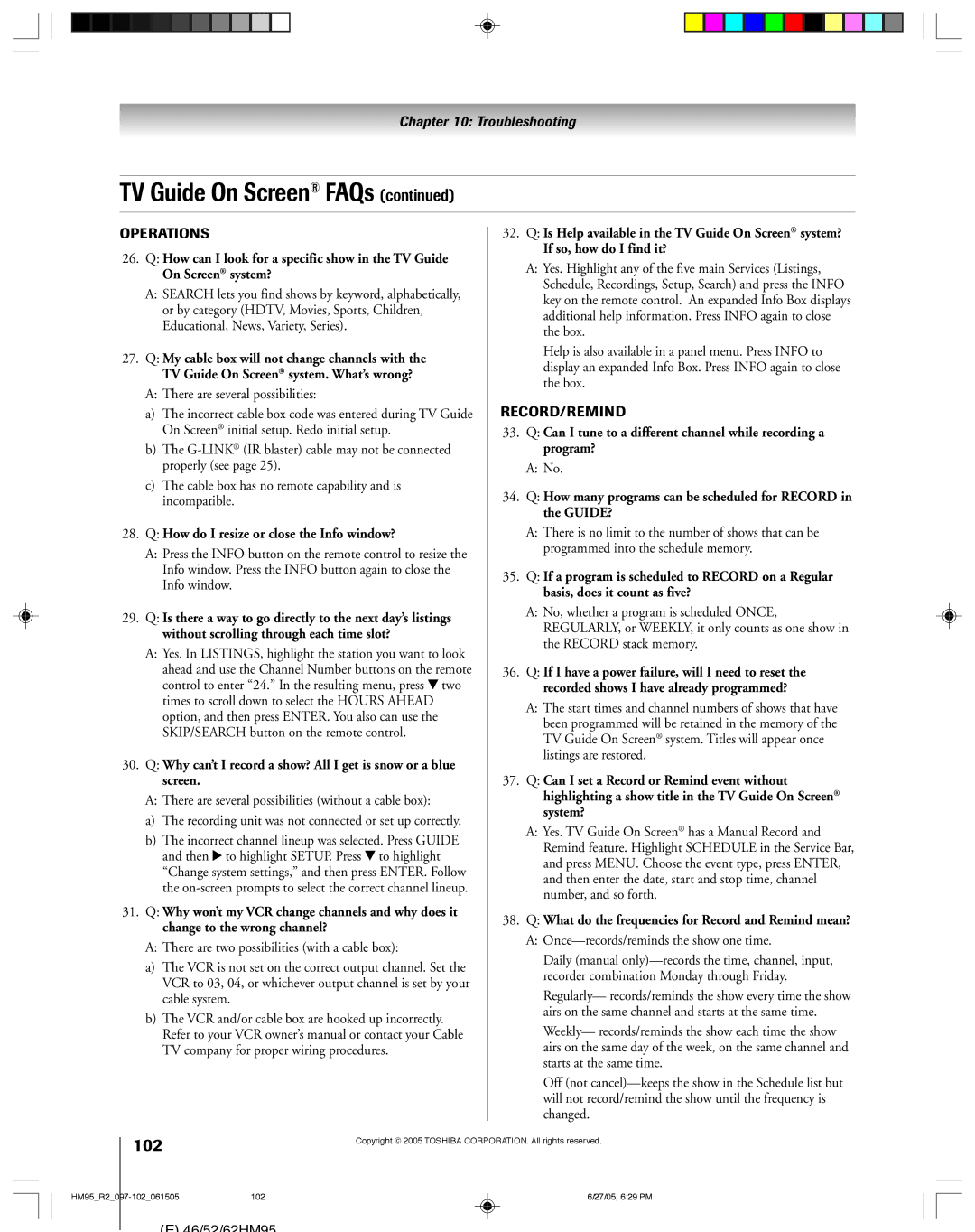 Toshiba 52HM95, 62HM95 owner manual TV Guide On Screen FAQs, 102 