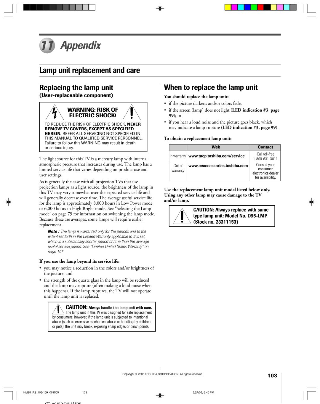 Toshiba 62HM95 Appendix, Lamp unit replacement and care, Replacing the lamp unit, When to replace the lamp unit, 103 