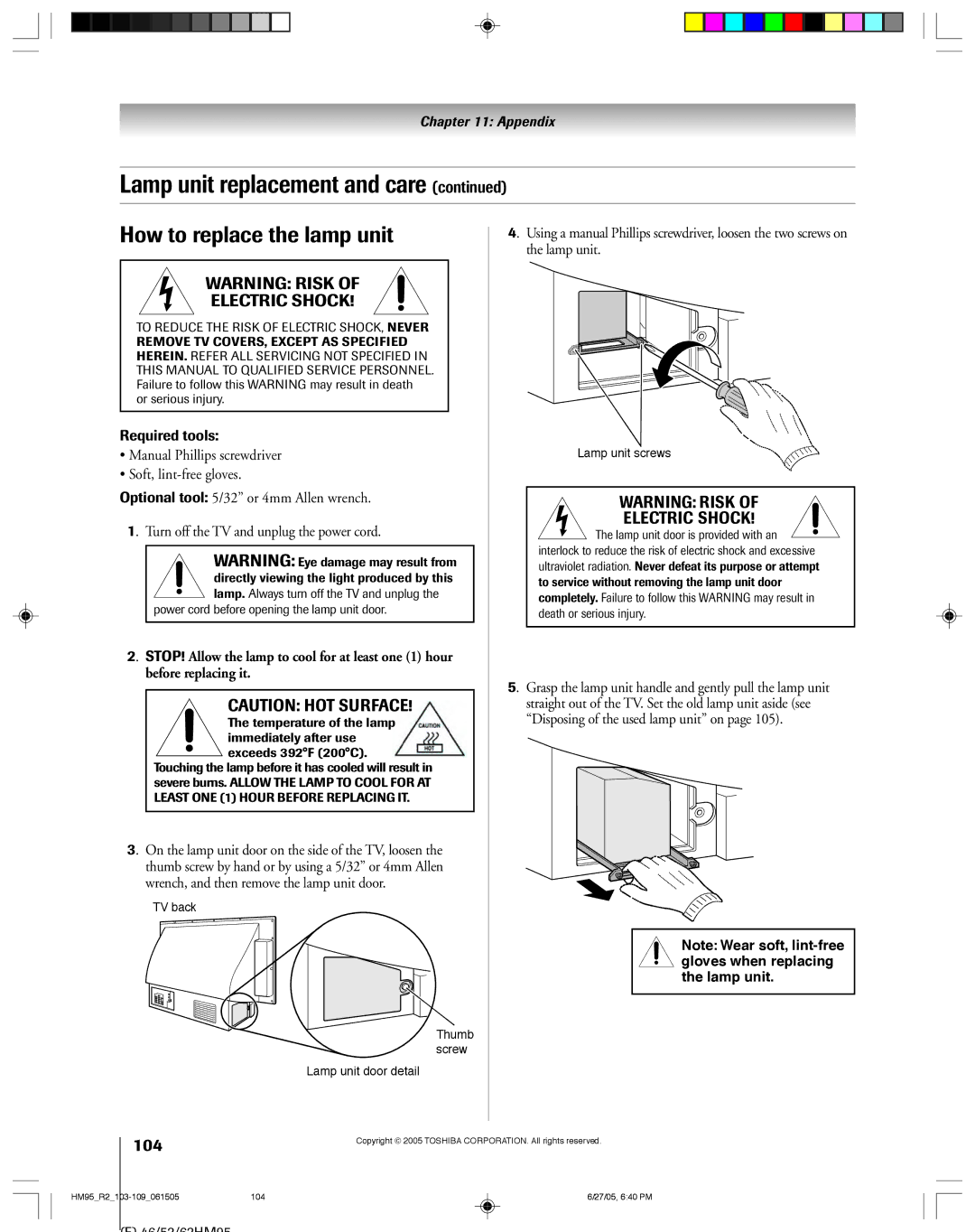 Toshiba 52HM95, 62HM95 How to replace the lamp unit, 104, Grasp the lamp unit handle and gently pull the lamp unit 