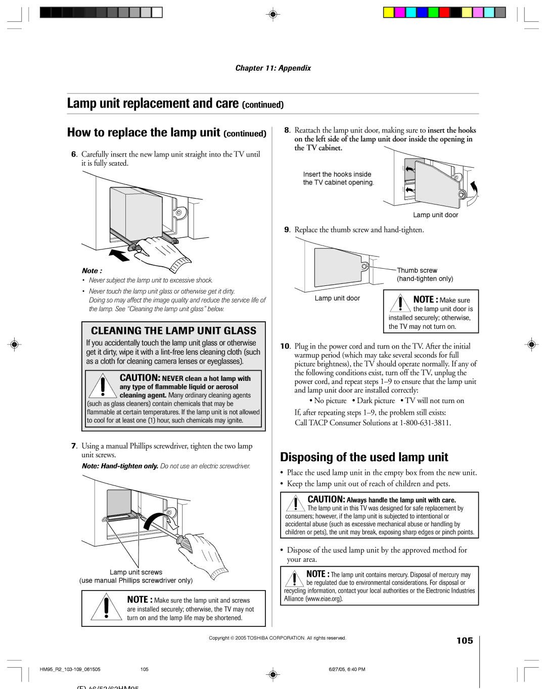 Toshiba 62HM95, 52HM95 owner manual Disposing of the used lamp unit, 105, Replace the thumb screw and hand-tighten 