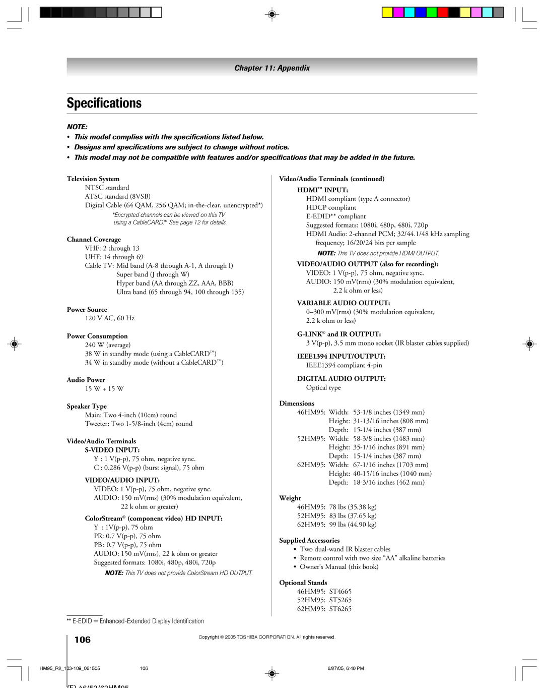 Toshiba 52HM95, 62HM95 owner manual Specifications, 106 