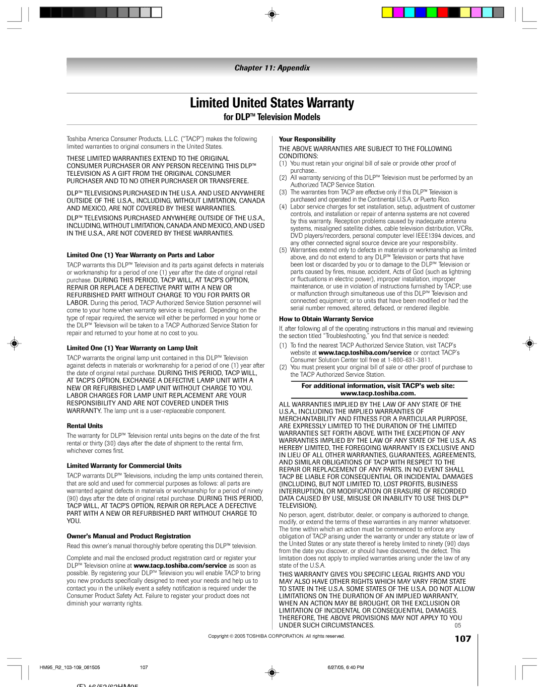 Toshiba 62HM95, 52HM95 owner manual Limited United States Warranty, For DLP Television Models, 107 