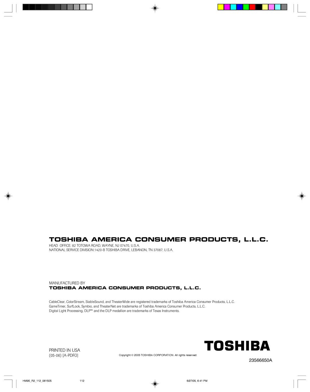 Toshiba 52HM95, 62HM95 owner manual Toshiba America Consumer PRODUCTS, L.L.C 