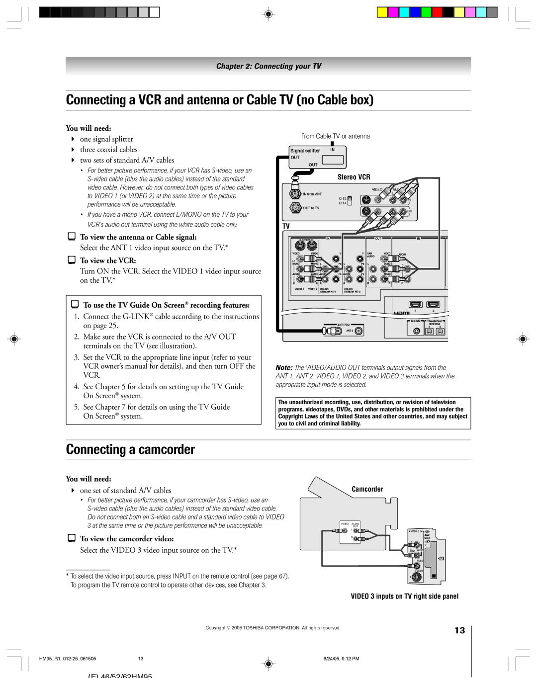 Toshiba 62HM95, 52HM95 owner manual Connecting a VCR and antenna or Cable TV no Cable box, Connecting a camcorder 