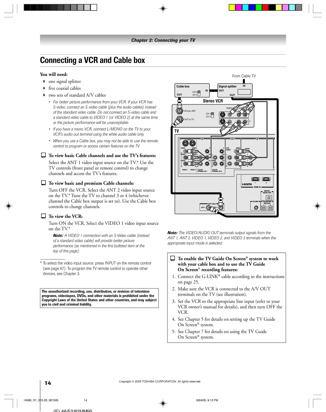 Toshiba 52HM95, 62HM95 owner manual Connecting a VCR and Cable box, To view basic Cable channels and use the TV’s features 