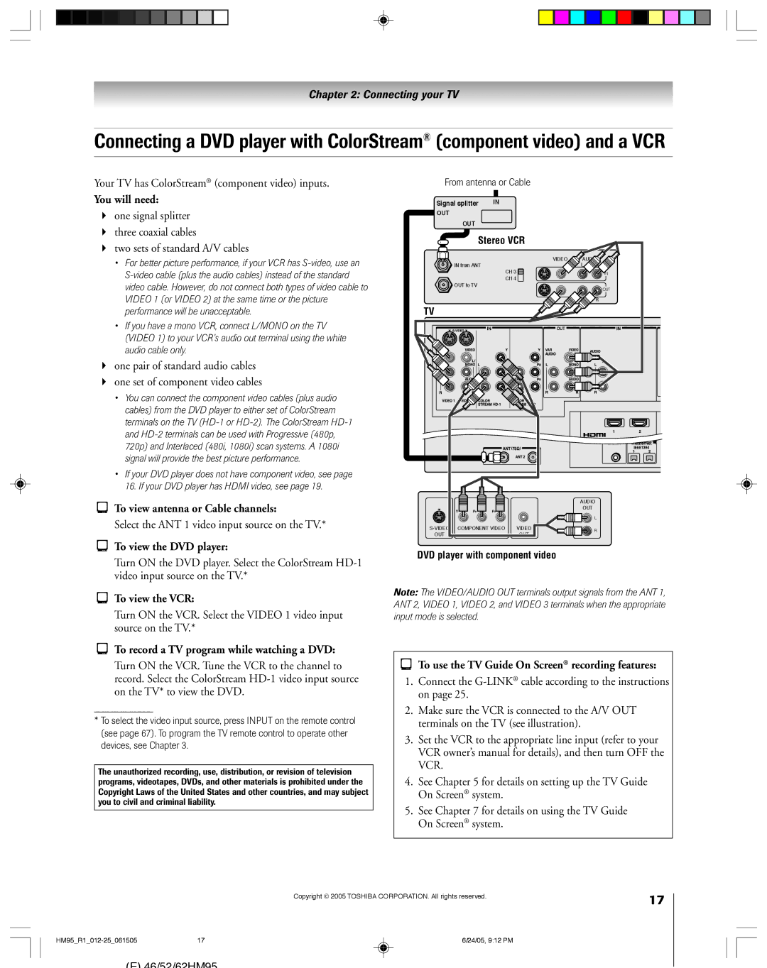 Toshiba 62HM95 Your TV has ColorStream component video inputs, To view antenna or Cable channels, From antenna or Cable 