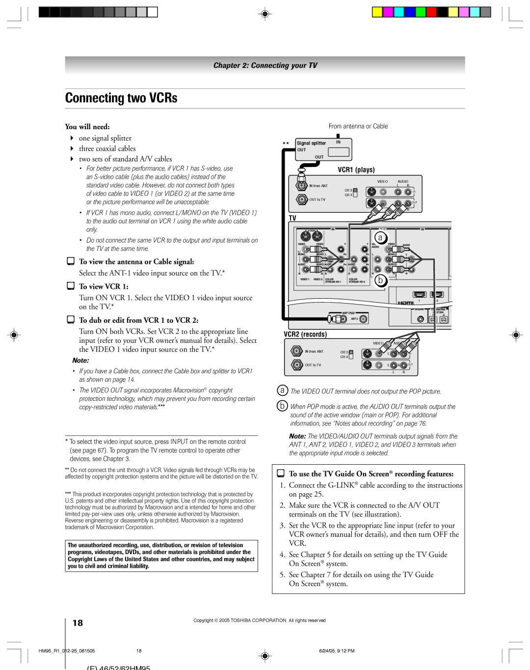 Toshiba 52HM95, 62HM95 owner manual Connecting two VCRs, Select the ANT-1 video input source on the TV, To view VCR 