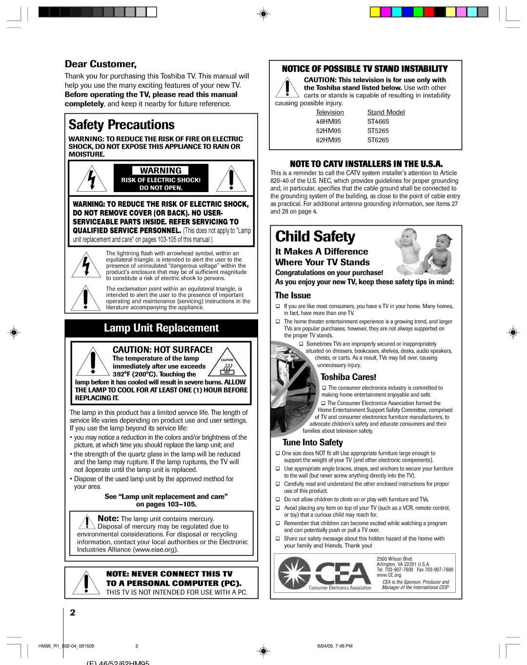 Toshiba 52HM95 Safety Precautions, It Makes a Difference Where Your TV Stands, Issue, Toshiba Cares, Tune Into Safety 