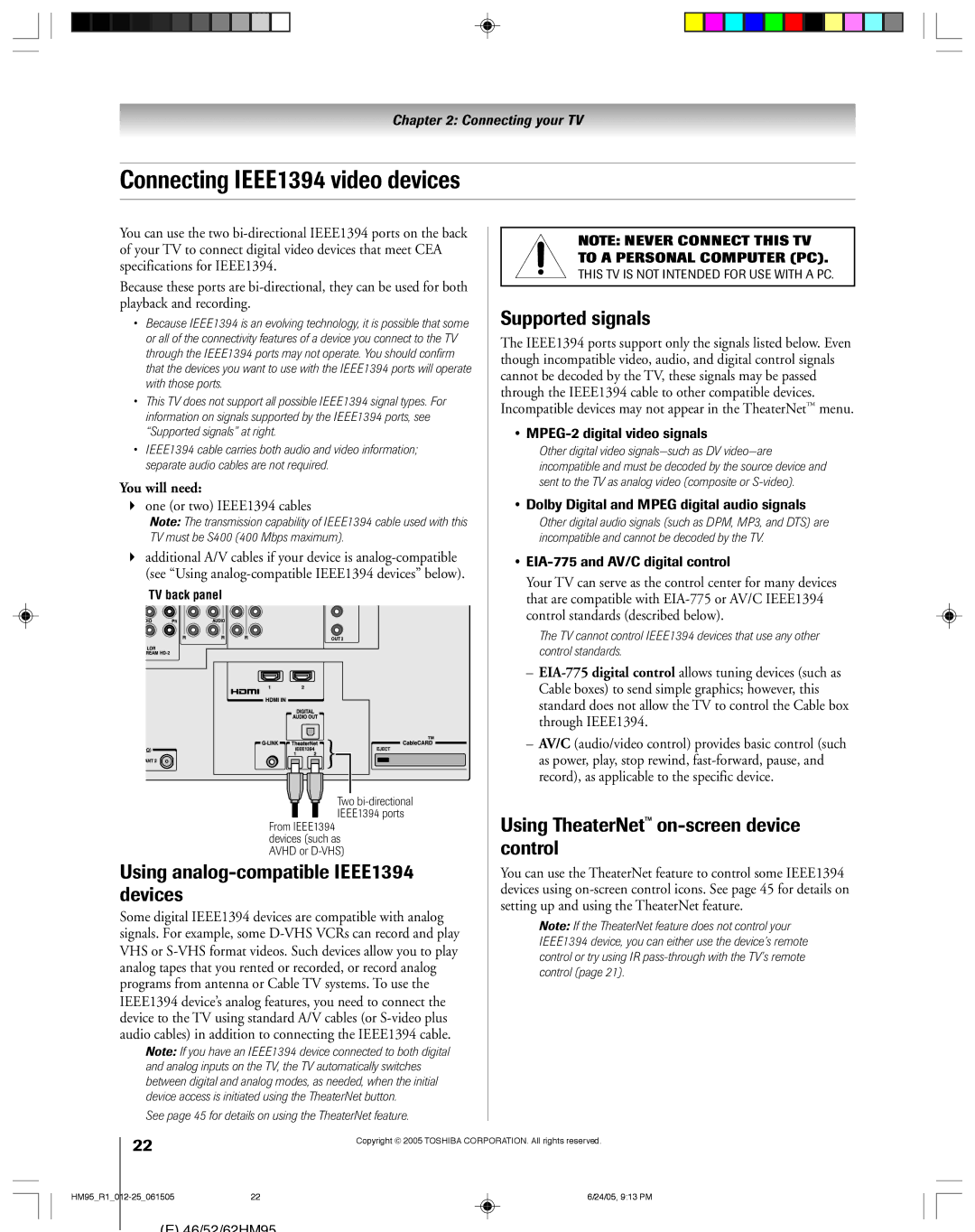 Toshiba 52HM95, 62HM95 Connecting IEEE1394 video devices, Using analog-compatible IEEE1394 devices, Supported signals 