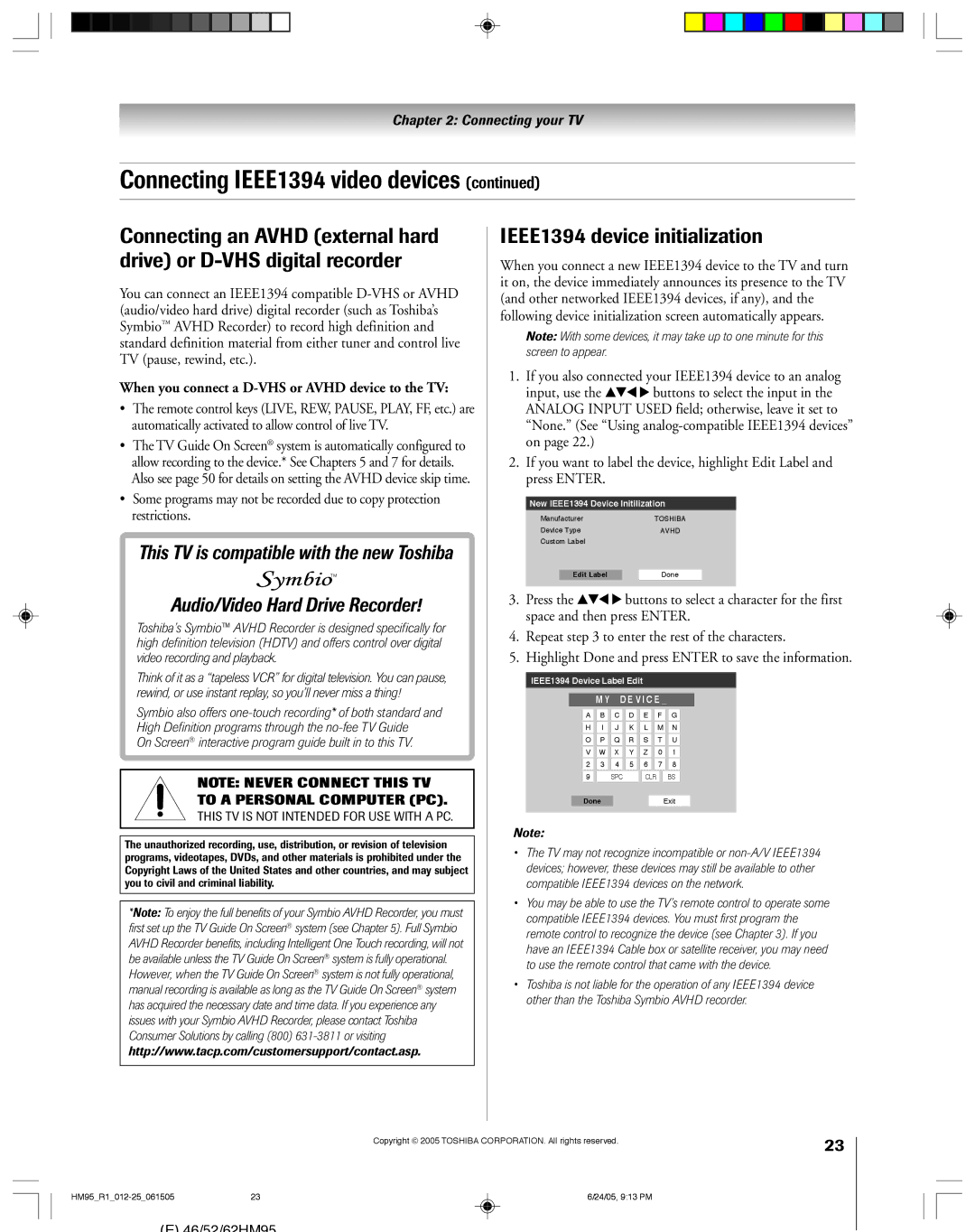 Toshiba 62HM95, 52HM95 owner manual IEEE1394 device initialization, When you connect a D-VHS or Avhd device to the TV 