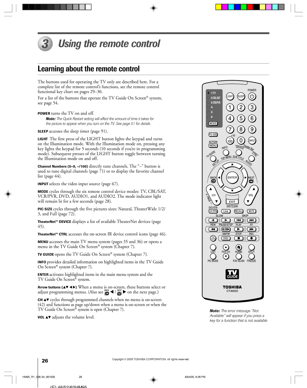 Toshiba 52HM95 Using the remote control, Learning about the remote control, Key for a function that is not available 