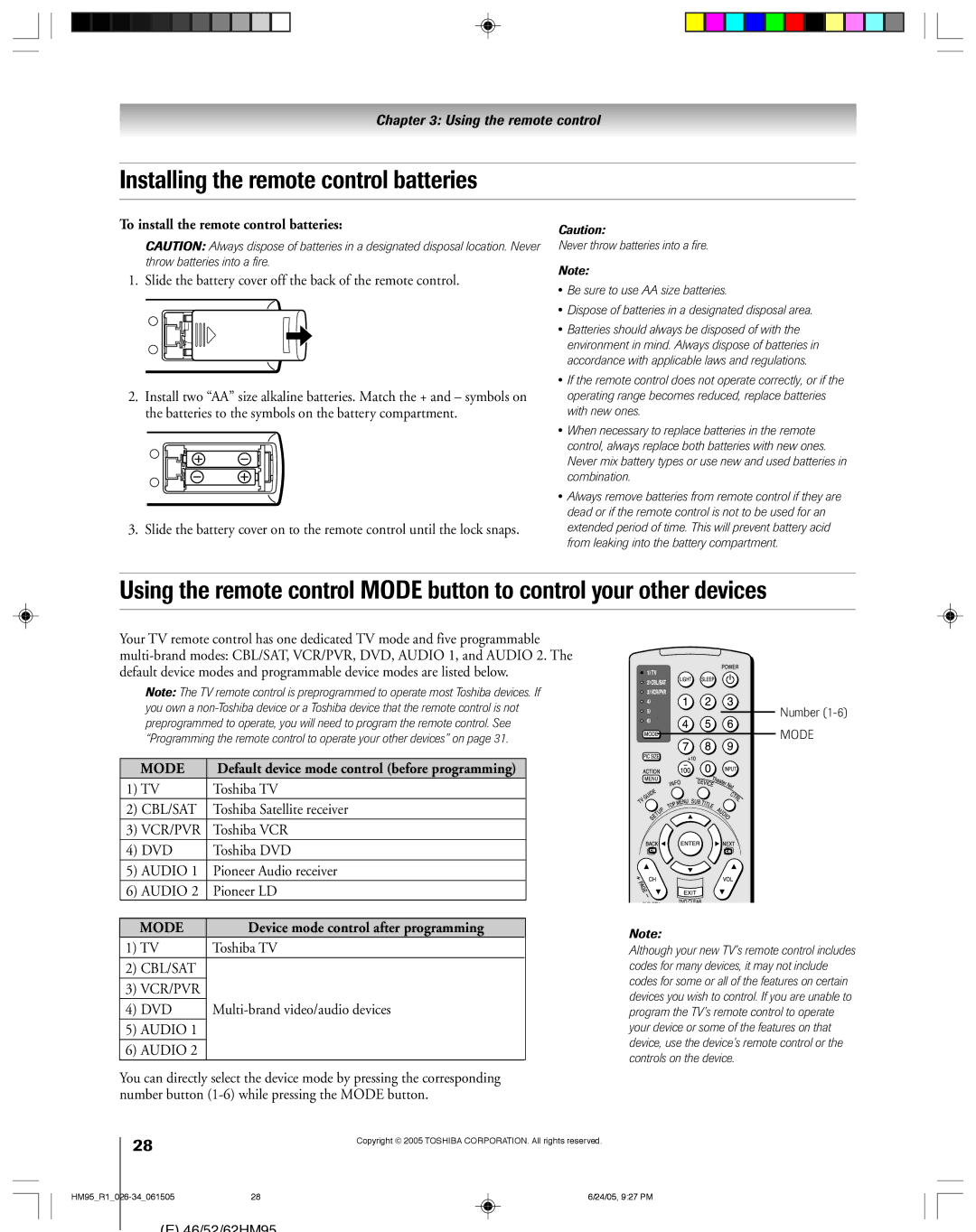 Toshiba 52HM95, 62HM95 owner manual Installing the remote control batteries, To install the remote control batteries 