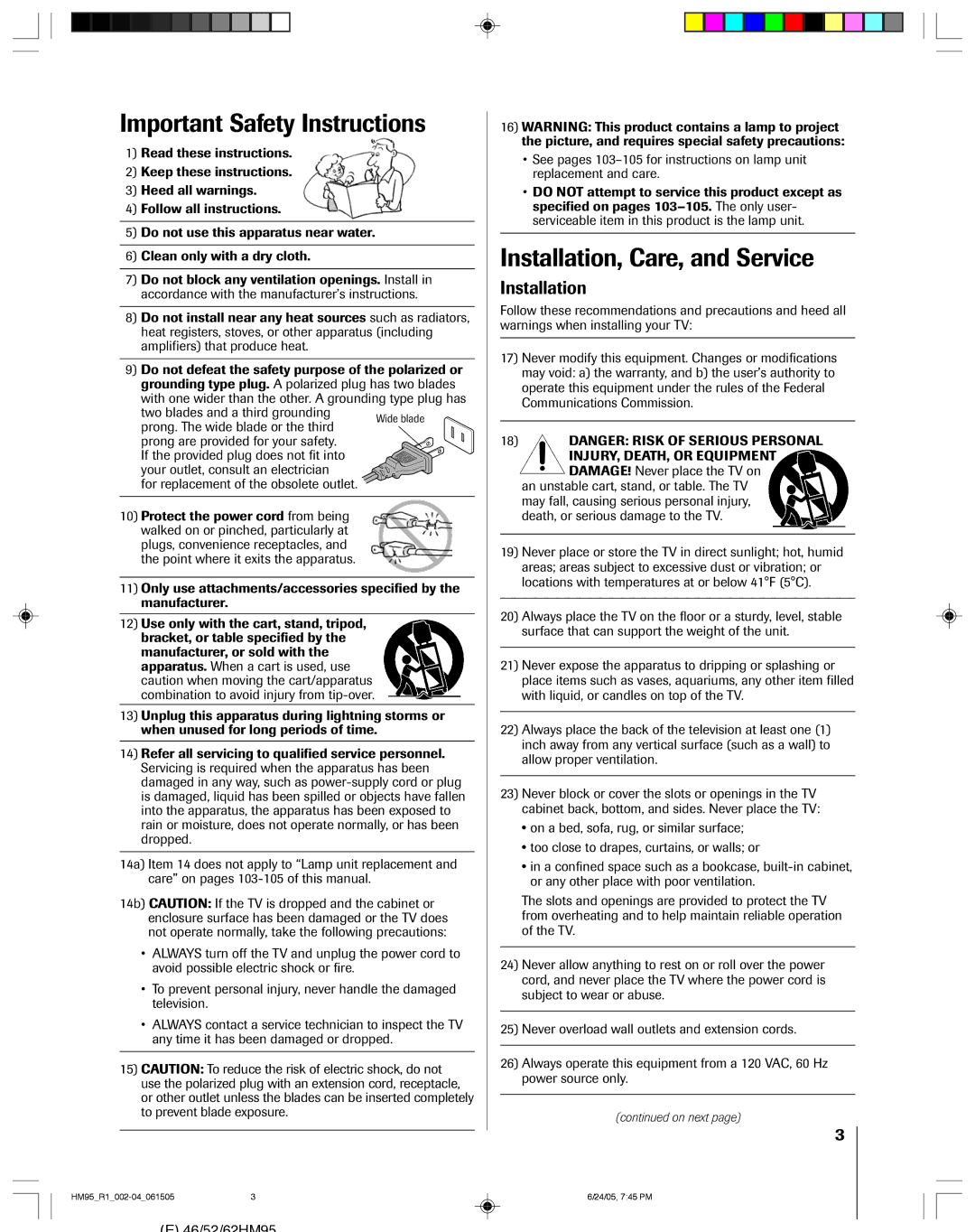 Toshiba 62HM95 Important Safety Instructions, Installation, Care, and Service, For replacement of the obsolete outlet 