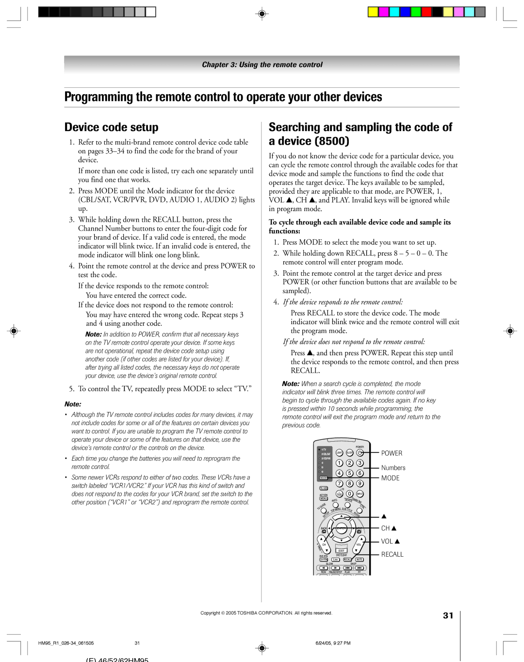 Toshiba 62HM95, 52HM95 owner manual Device code setup, Searching and sampling the code of a device, Numbers, CH y VOL y 