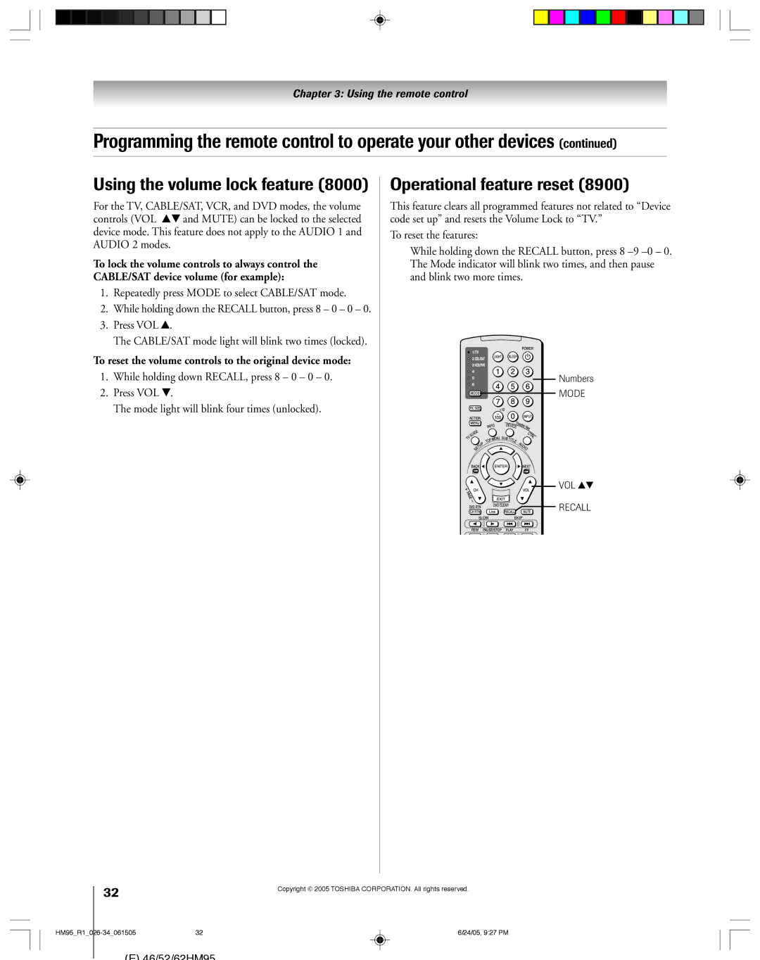 Toshiba 52HM95 Using the volume lock feature, Operational feature reset, Repeatedly press Mode to select CABLE/SAT mode 