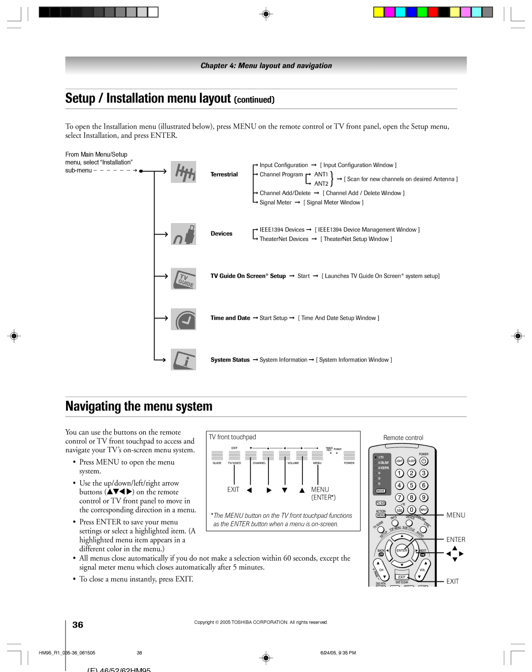 Toshiba 52HM95, 62HM95 Setup / Installation menu layout, Navigating the menu system, You can use the buttons on the remote 