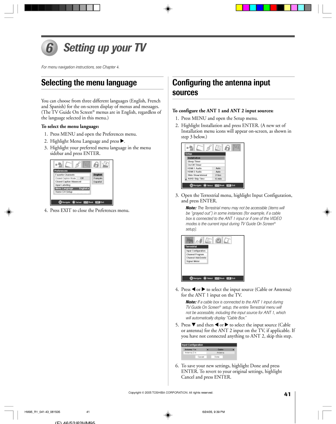 Toshiba 62HM95, 52HM95 owner manual Setting up your TV, Selecting the menu language, Configuring the antenna input sources 