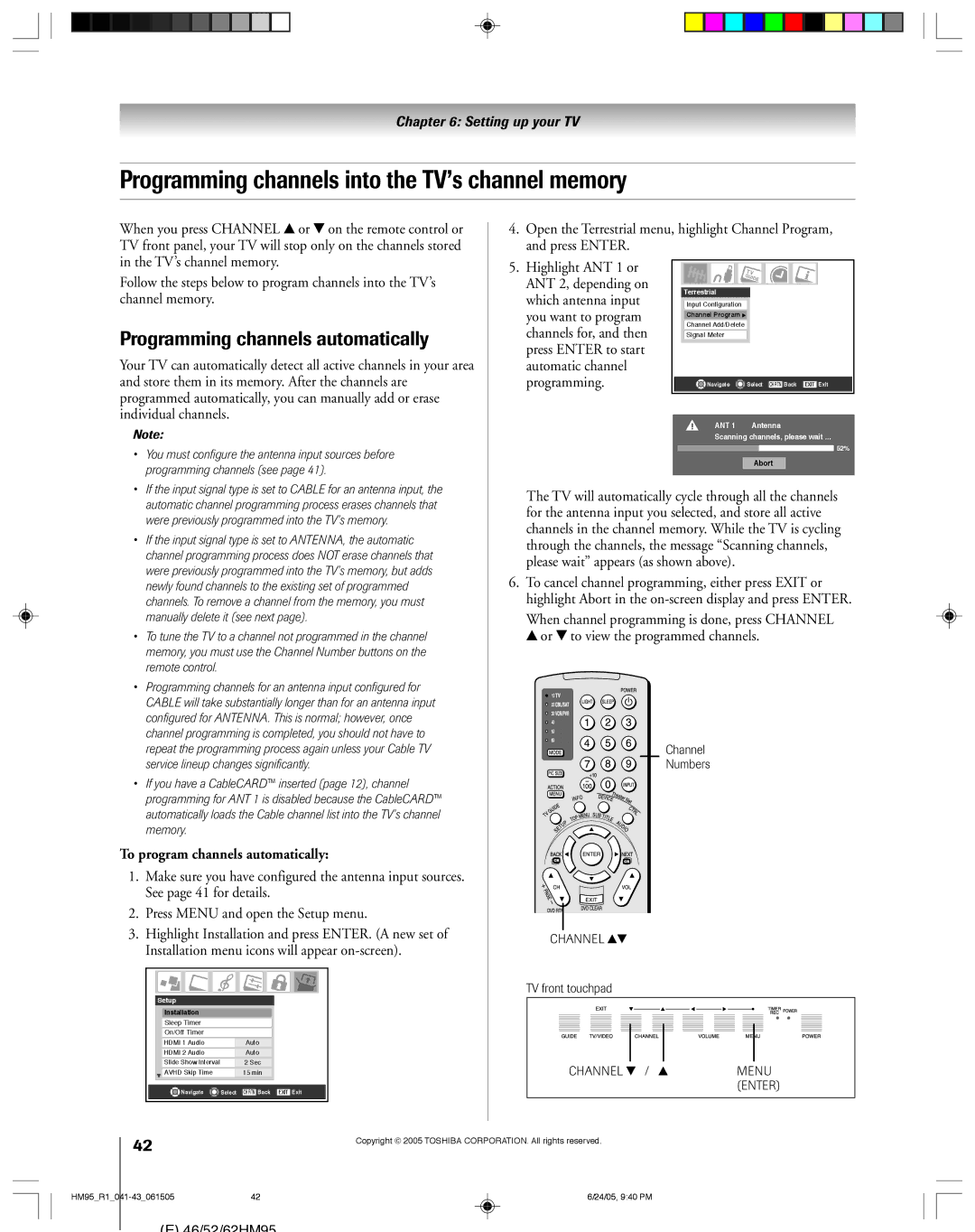 Toshiba 52HM95, 62HM95 owner manual Programming channels into the TV’s channel memory, Programming channels automatically 