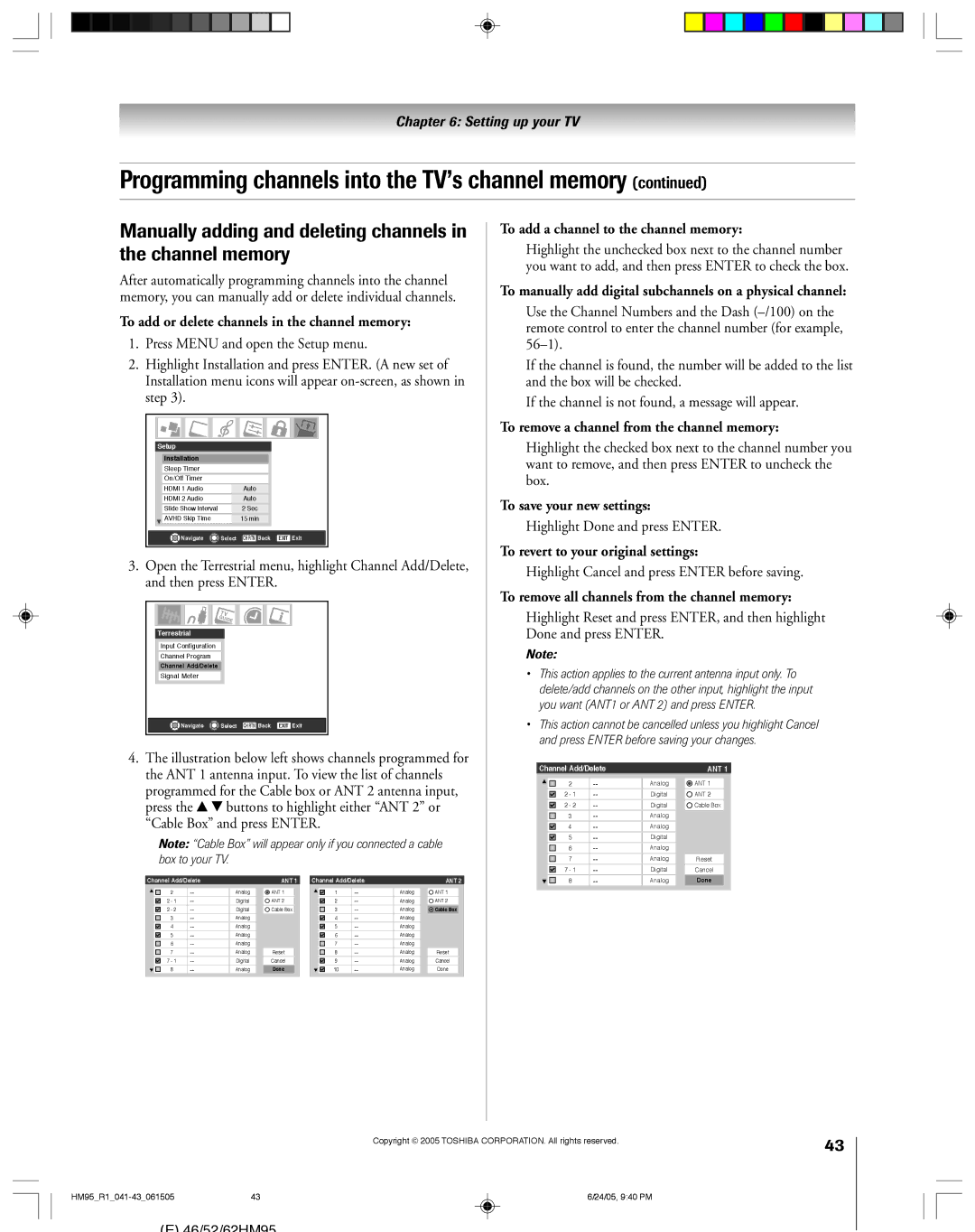 Toshiba 62HM95, 52HM95 owner manual Manually adding and deleting channels in the channel memory 