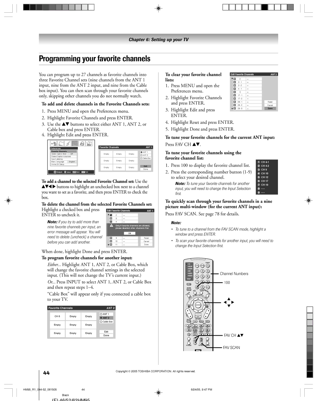 Toshiba 52HM95, 62HM95 owner manual Programming your favorite channels 